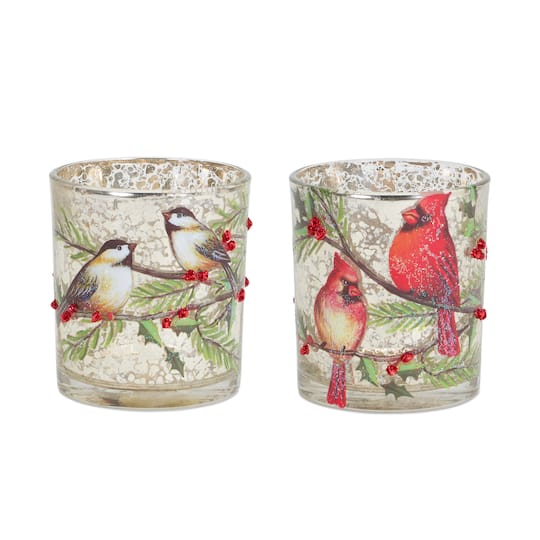 3.25" Cardinal & Bird Glass Votive Holder Set